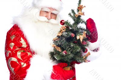 Christmas theme: Santa Claus holding christmas tree and his bag 