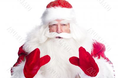 Christmas theme: Santa Claus bowing something from his arms
