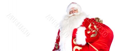 Santa Claus standing up on white background with his bag full of