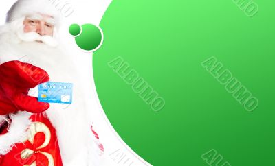 Traditional Santa Claus holding and sowing credit card while giv