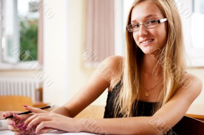 A portrait of a caucasian race school student at classroom