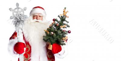 Christmas theme: Santa Claus holding christmas tree and his bag 