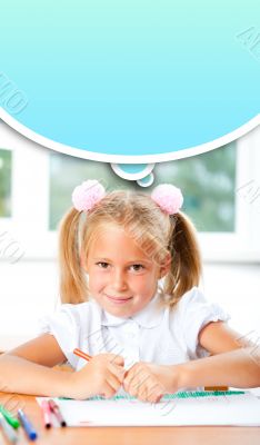 Little girl looking for a drawing concept wile painting picture 