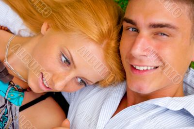 A portrait of a sweet couple in love. Photo from above. Horizont