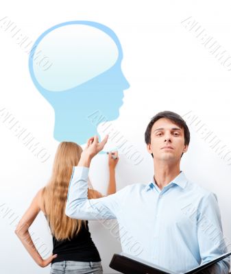 Biology or psycology lesson. Teacher giving lecture with help of