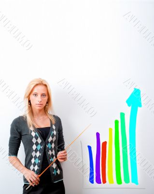 Young business teacher showing growing profit with graph on whit