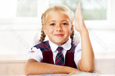 Portrait of a young girl in school at the desk.Horizontal Shot. 