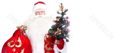 Christmas theme: Santa Claus holding christmas tree and his bag 