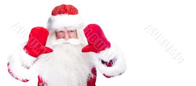 Christmas theme: Santa Claus bowing something from his arms