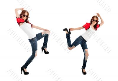 Stock photo of young, fit and sexy woman in jeans and white top 