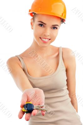 Photo of happy woman construction engineer wearing protective or