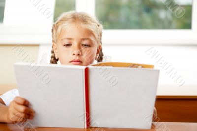 Image of smart child reading interesting book in classroom. Hori