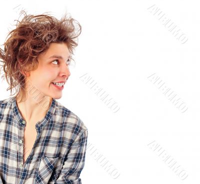 Portrait of funny young man with awesome hairdo isolated on whit