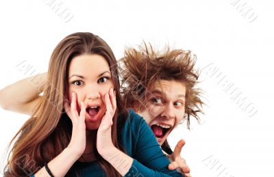 Mad man with funny hairdo tempting young girl for something