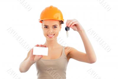 Photo of happy woman construction engineer wearing protective or