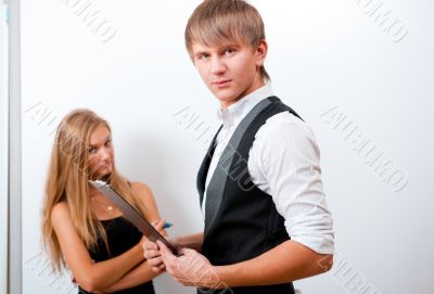 Portrait of college students making presentation of their projec