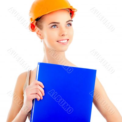 Portrait of a beautiful woman with orange helmet