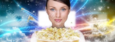 Portrait of young stylish modern woman  watching movie at modern