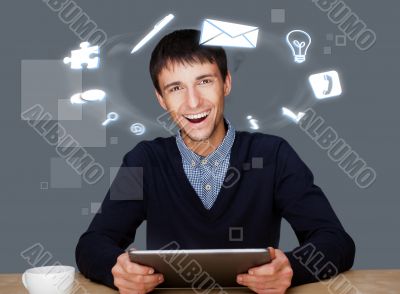 A businessman with icons floating around his head. Portrait of h