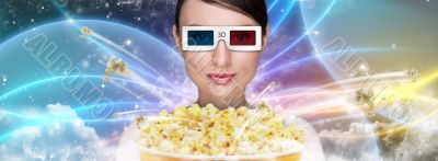 Portrait of young stylish modern woman wearing 3d glasses watchi