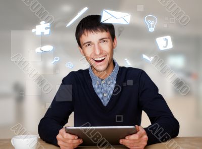 A businessman with icons floating around his head. Portrait of h