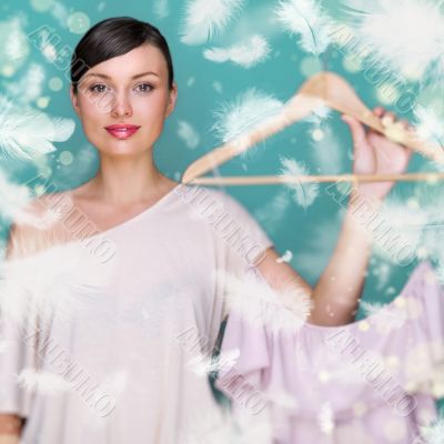 Portrait of pretty fashionable woman trying new clothes. Fashion