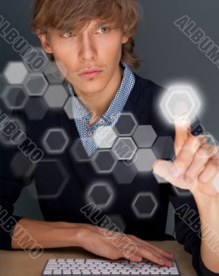 Business Man pressing digital button, futuristic technology Business Man pressing digital button, futuristic technology