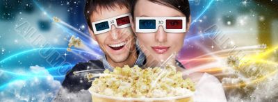 Portrait of young stylish modern couple wearing 3d glasses watch