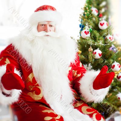 Santa sitting at the Christmas tree, near fireplace and looking 