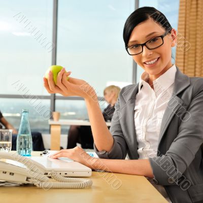 Closeup portrait of cute young business woman smiling at her wor