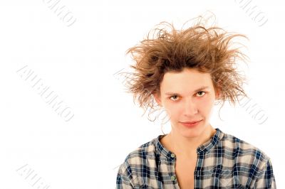 Portrait of funny young man with awesome hairdo isolated on whit