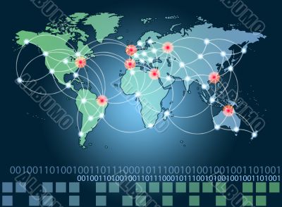 World map with hot points of connections network and servers loc