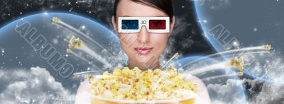 Portrait of young stylish modern woman wearing 3d glasses watchi