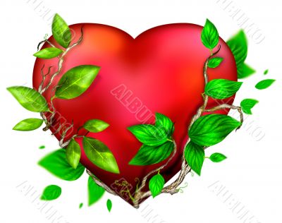 Beautiful bright heart of red color with green leaves floating a
