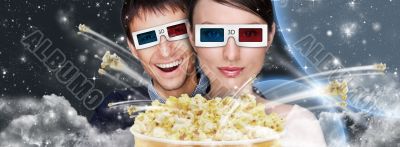 Portrait of young stylish modern couple wearing 3d glasses watch