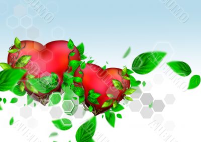 Two Beautiful bright hearts of red color with green leaves float