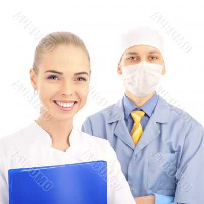 Portrait of Smiling doctor with his colleague in front of the ca