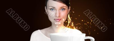 Beauty Girl With Cup of Coffee. Advertisement poster or wallpape