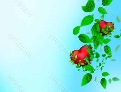 Two Beautiful bright hearts of red color with green leaves float