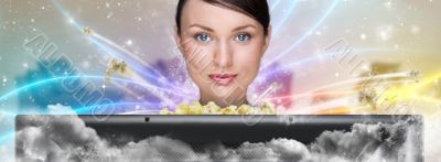 Portrait of young stylish modern woman watching movie at home an