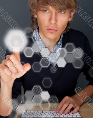 Business Man pressing digital button, futuristic technology Business Man pressing digital button, futuristic technology