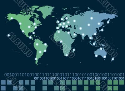 World map with hot points of connections network and servers loc