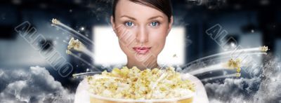 Portrait of young stylish modern woman  watching movie at modern