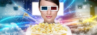 Portrait of young stylish modern woman wearing 3d glasses watchi