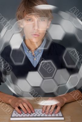 Business Man pressing digital button, futuristic technology Business Man pressing digital button, futuristic technology