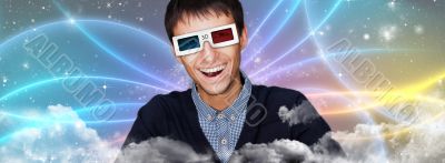 Portrait of young stylish modern man wearing 3d glasses watching