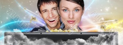 Portrait of young stylish modern couple watching movie at home e
