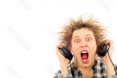 Portrait of funny young man with awesome hairdo isolated on whit