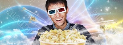 Portrait of young stylish modern man wearing 3d glasses watching