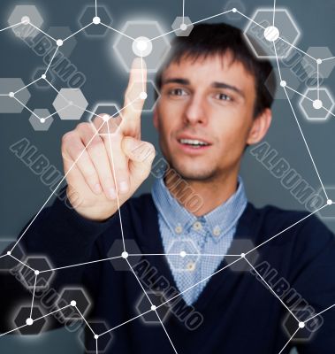 Business Man pressing digital button, futuristic technology Business Man pressing digital button, futuristic technology